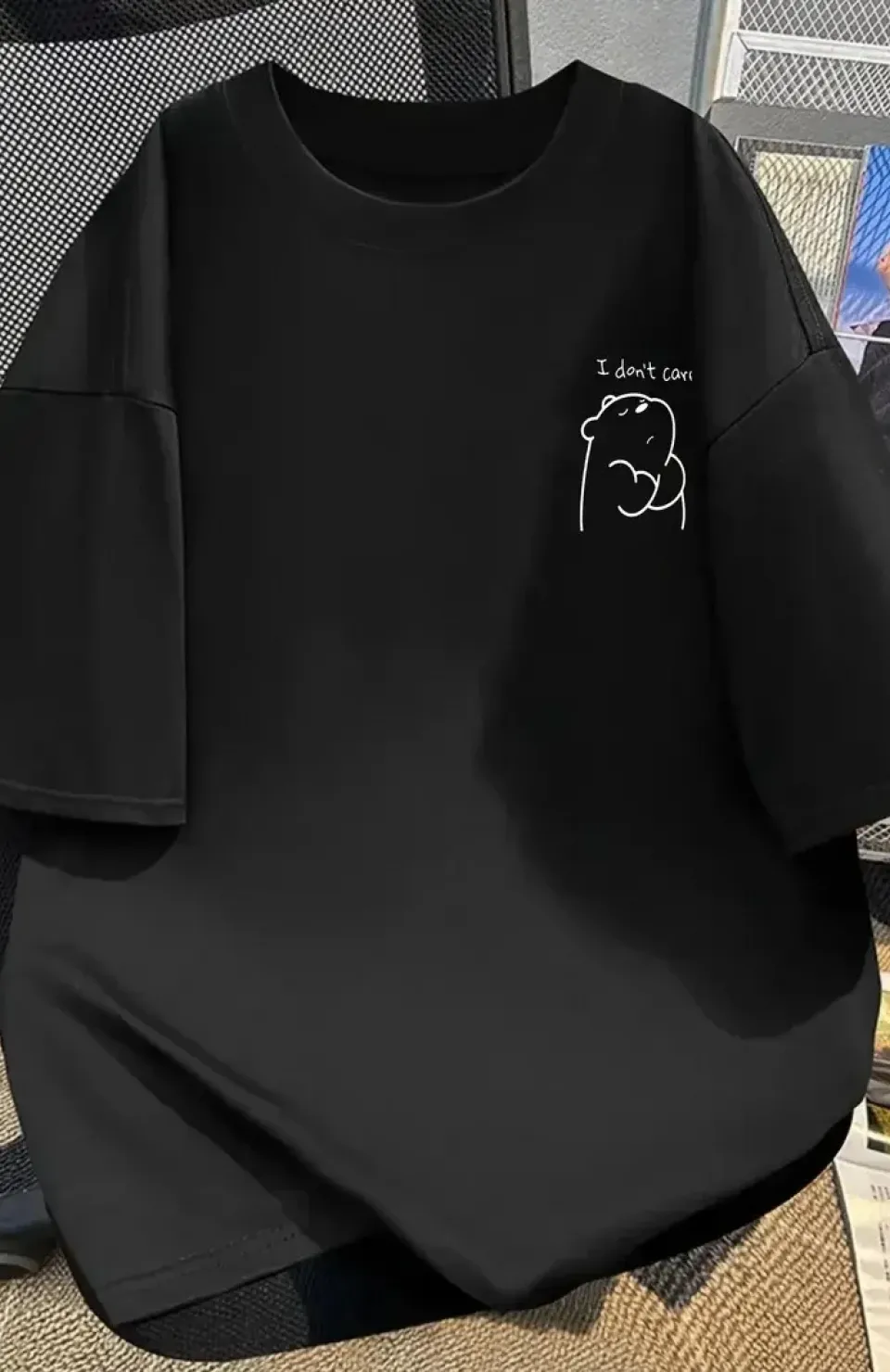 [Günlük T-Shirt] Hafif Kadın Günlük T-Shirt | Bol Kesim, Kısa Kollu, Yuvarlak Yaka, Eğlenceli Karikatür Ayı ve 